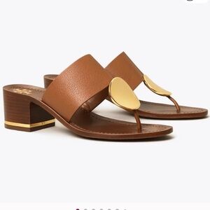 Tory Burch Patos Disk leather block-heel sandal in brown with a gold-tone disk